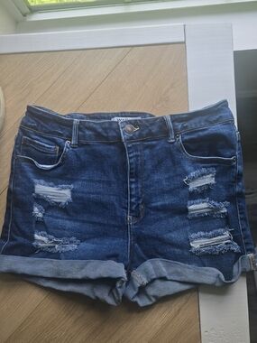 Wax Jean Dark Blue Distressed Rolled Hem Shorts